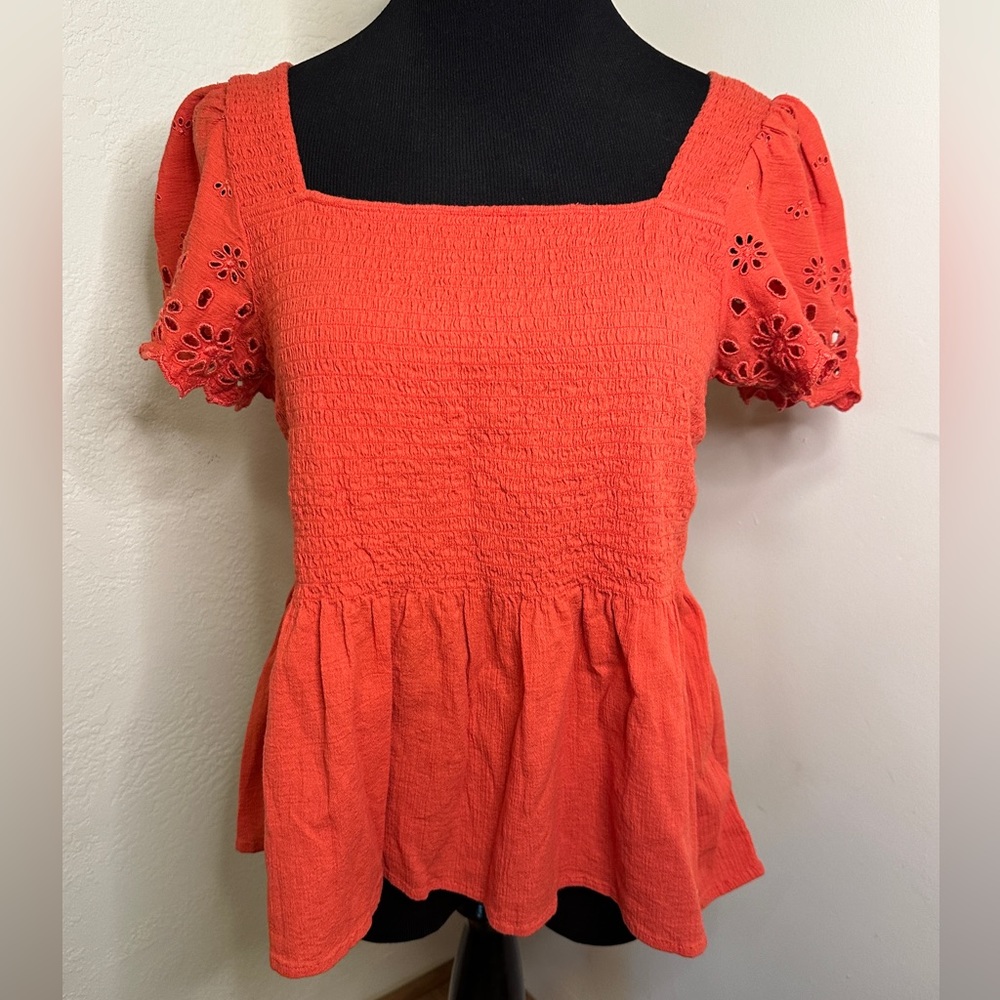 Madewell Kate Eyelet Shirred Square Neck Button Back Blouse 100% Cotton Large